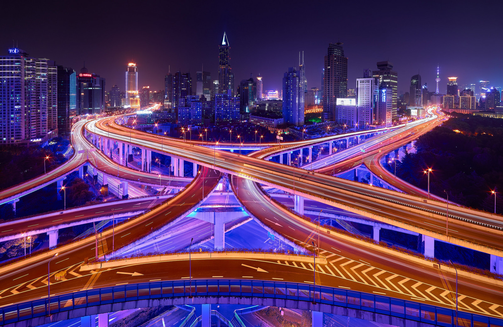 lumière, la ville, route, lumières, nuit, des ponts, Chine, Shanghai