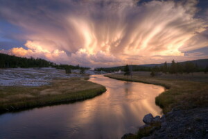 champ, paysage, rivière, le soir, Le ciel