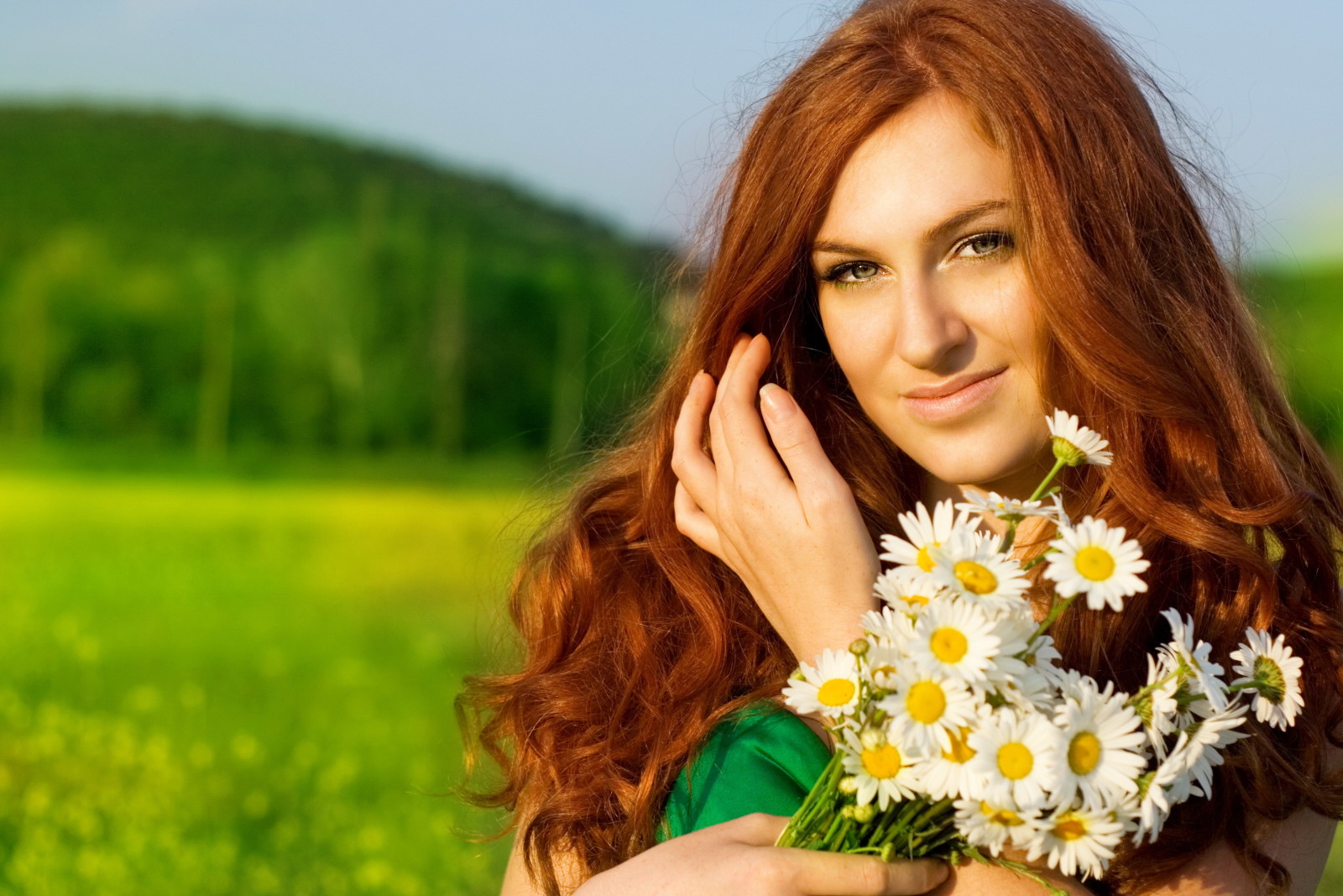 girl, flowers, chamomile, redhead