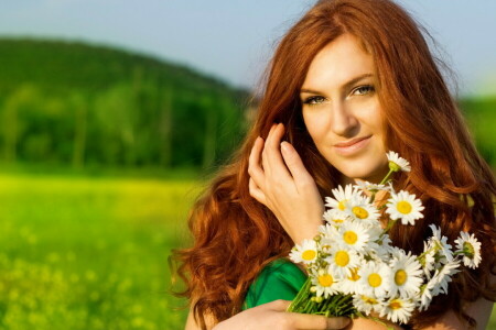 chamomile, flowers, girl, redhead