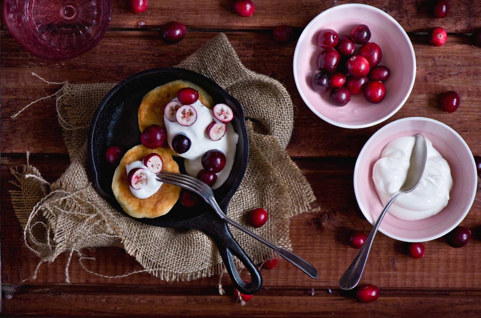 frutti di bosco, ciliegia, cucchiaio, crema, Pancakes, spina