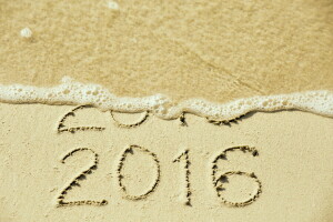 2016, beach, figures, happy, New Year, sand, sea