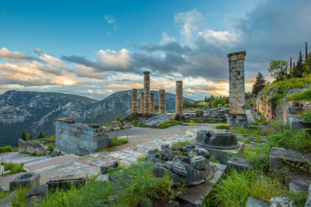 colonne, Delphes, Grèce, montagnes, ruines