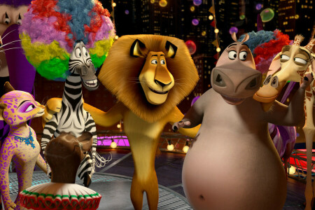 Alex az oroszlán, rajzfilm, Hippo Gloria, Melman a zsiráf, Marty Zebra