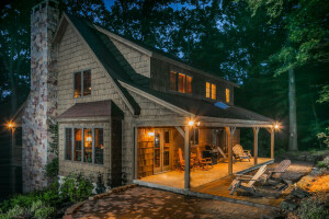 chairs, house, lights, night, trees, yard