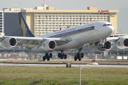 500, A-340, Airbus, Lotnisko, Podwozie, Silniki, lądowanie, budynek