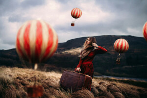 art, balloons, girl, Mind Traveller, Rosie Hardy, suitcase