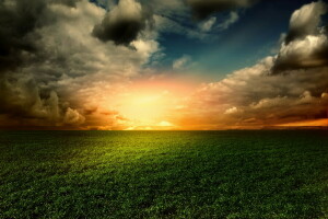 champ, herbe, paysage, la nature, ciel, le coucher du soleil, Le ciel