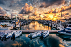 boats, clouds, nature, sea, sunset, the sky