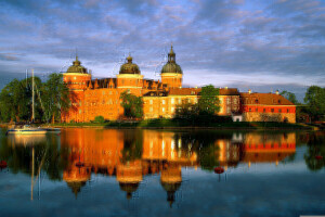 boat, castle, clouds, lake, reflection, sunset, the evening, the sky