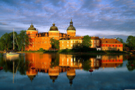 boot, kasteel, wolken, meer, reflectie, zonsondergang, de avond, de lucht