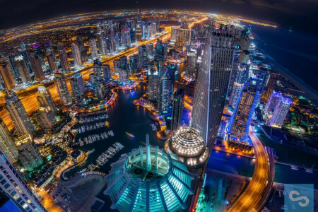 Dubai, Marina de Dubaï, lumières, nuit, la ville, le soir, Émirats arabes unis