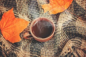 una taza de café, otoño, taza de café, hojas, tartán, madera