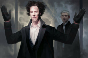 art, BBC, Benedict Cumberbatch, detective, hair, hands, Martin  Freeman, Sherlock