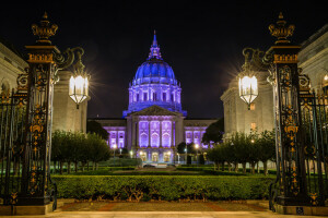 mairie, porte, lumières, nuit, Palais, San Francisco, Le ciel, Etats-Unis