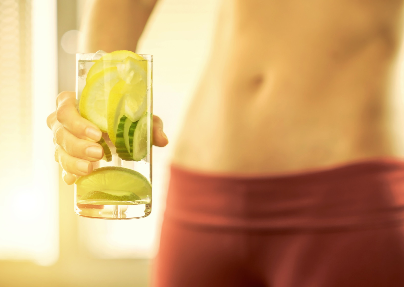 abdominales, Mujer, sano, agua con limon