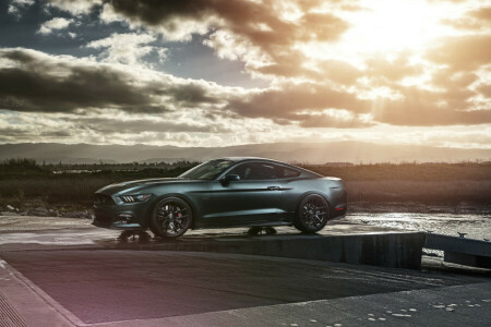 2015, voiture, Gué, De face, muscle, Mustang, Soleil, le coucher du soleil