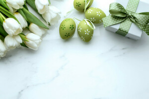 Easter, eggs, gift, tulips, white