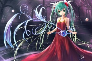 arte, palle, riccioli, vestito, ragazza, Hatsune Miku, sfera, Vocaloid