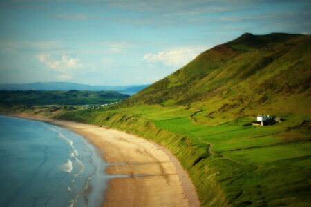 beach, clouds, horizon, house, mountains, sea, shore, the sky