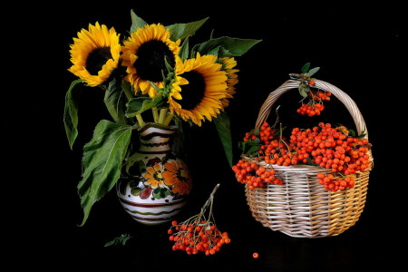 panier, fleurs, Rowan, tournesol, vase