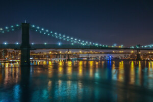 puentes, brooklyn, luces, Manhattan, Nueva York, noche, la ciudad, Puentes de Williamsburg