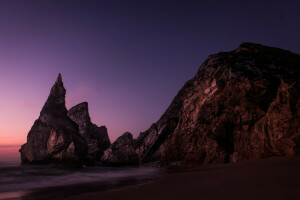 plage, Aube, mon, rochers