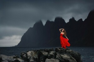 mood, red dress, rocks, The ocean