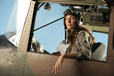 cabin, girl, helmet, Pilot, the plane