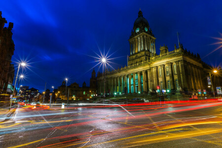 Angleterre, maison, Leeds, lumières, rue, le dôme, le soir, Le ciel