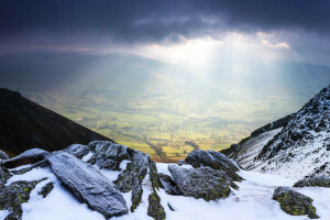 nubes, Inglaterra, montañas, Rayos, río, nieve, El distrito de los Lagos, Valley St Johns