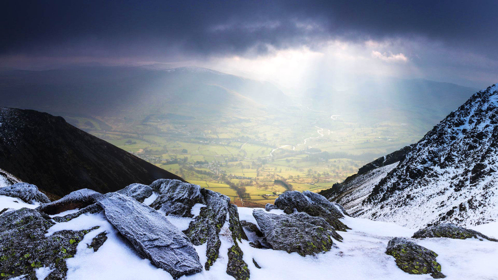 neige, rivière, des nuages, montagnes, Des rayons, Angleterre, Le Lake District, vallée St Johns