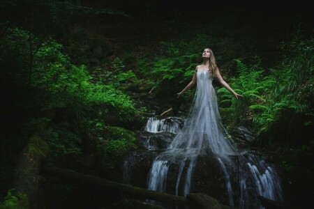 forest, girl, stream, water