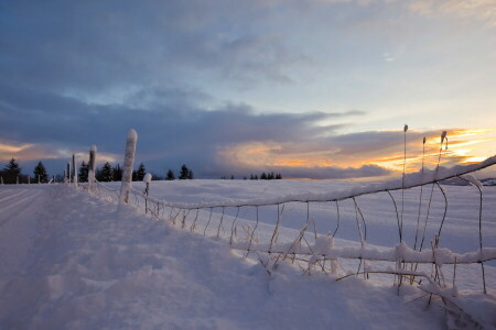 route, neige, le coucher du soleil, la barrière