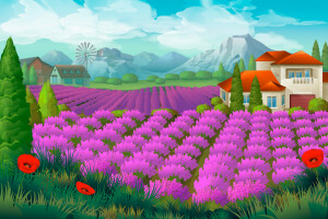 field, house, landscape, lavender, Maki, mountains