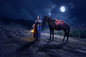 fille, cheval, Imaginarium, lanterne, nuit, La lune