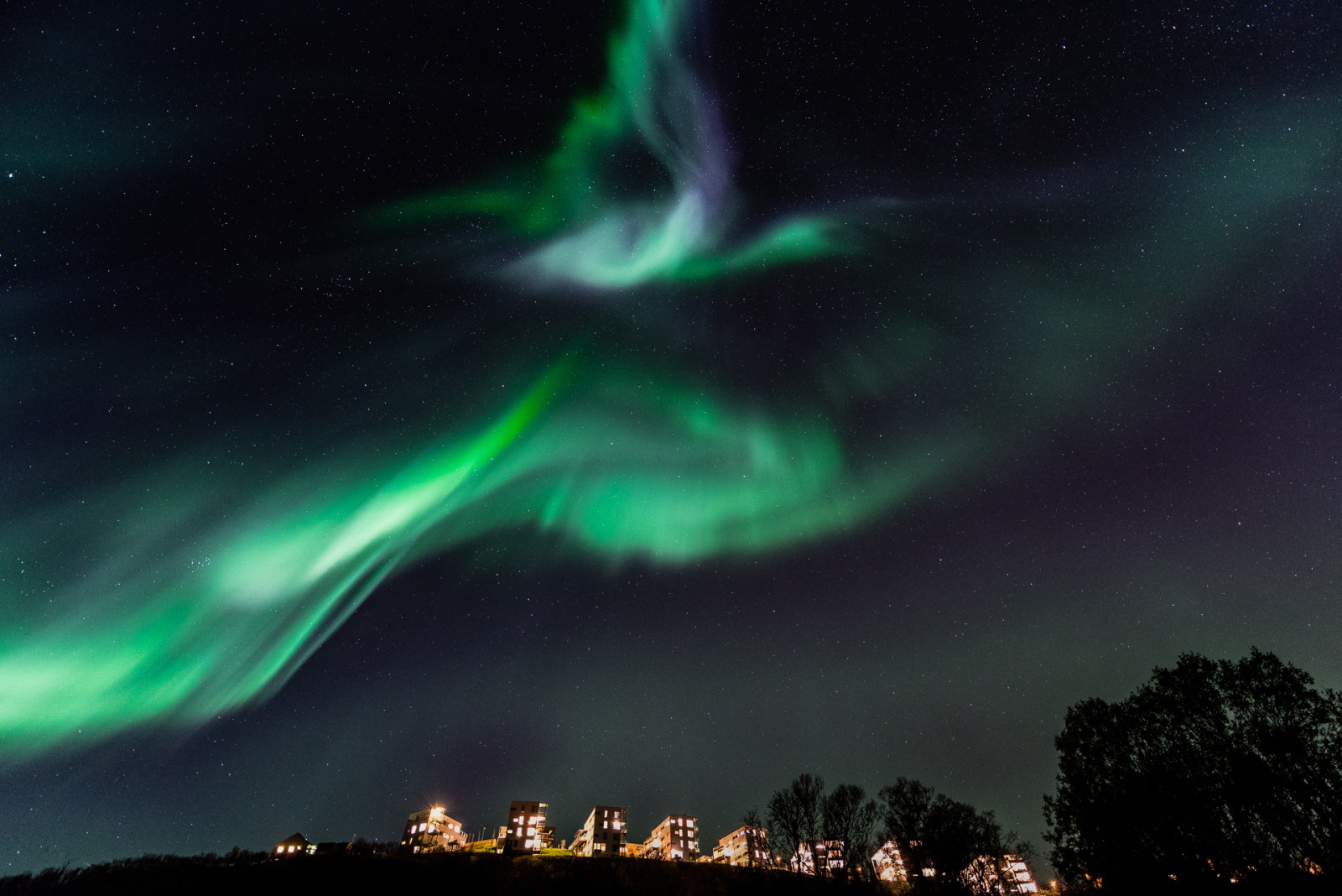 noche, Noruega, hogar, estrellas, Auroras boreales