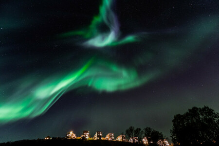 casa, notte, Aurora boreale, Norvegia, stelle