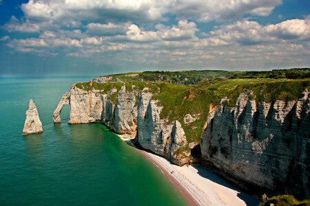 arch, clouds, open, rocks, sea, the sky