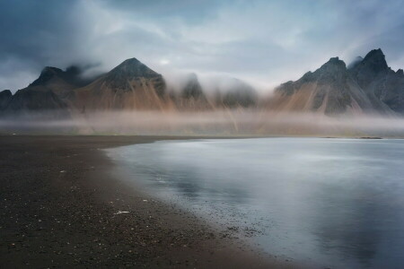 mist, ochtend-, bergen, zee