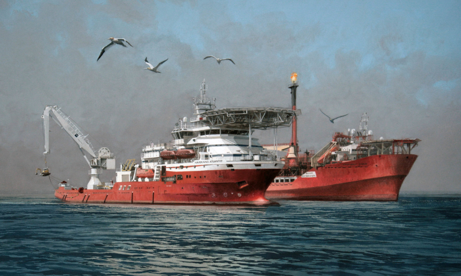 the sky, sea, the ship, birds, used by divers, HARKAND ATLANTIS, The ship store, FPSO Petrojarl Banff