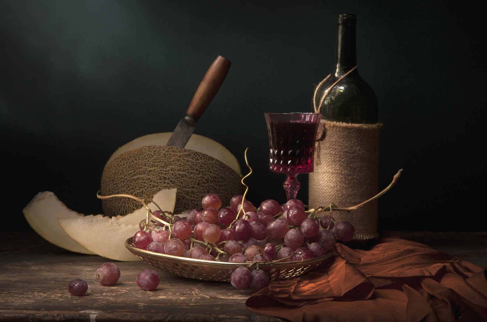 Still life, wine, grapes, melon