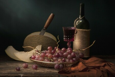 grapes, melon, Still life, wine