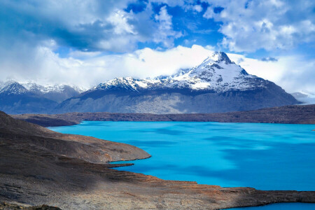 nuvole, lago, montagne, neve, il cielo