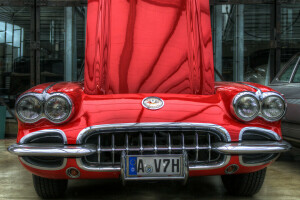 bumper, car, Corvette, Grille, HDR, lights, red, The hood