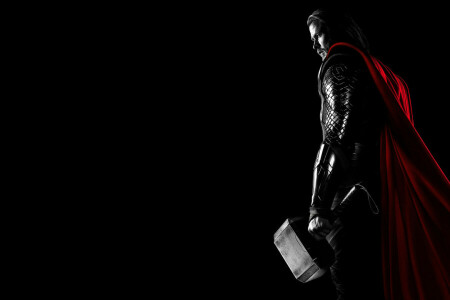 armor, black background, cape, Chris Hemsworth, comic, Fiction, hammer, red