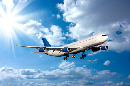 Verkehrsflugzeug, Wolken, Flug, Strahlen, das Flugzeug, der Himmel, Die Sonne