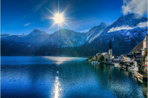 Alpes, Áustria, Hallstatt, lago, montanhas, município, a cidade