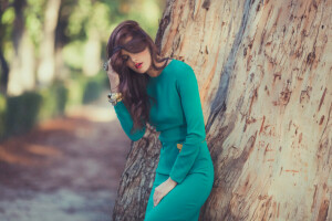 bracelets, dress, girl, pose, tree