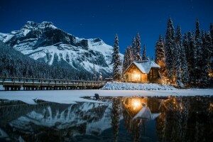 Canada, house, lights, mountains, night, winter